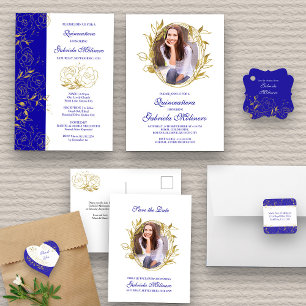 Invitación Elegante foto real azul y oro quinceanera