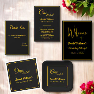 Tarjeta De Agradecimiento Moda Mínima Negro Y Oro Delicado Primer Cumpleaños