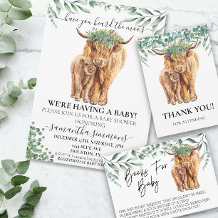 Tarjeta Pequeña Highland Cow Calf Baby Shower Eucalyptus