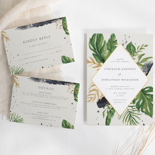 Invitación Boda tropical de acuarela verde y dorada