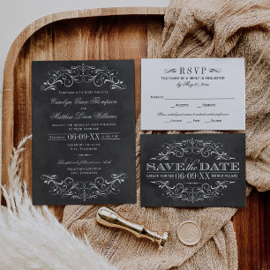 Invitación Vintage Black Chalkboard Flourier Boda