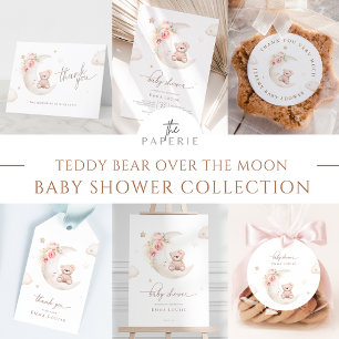 Pegatina Redonda Teddy Bear Sobre El Baby Shower Neutral De La Luna