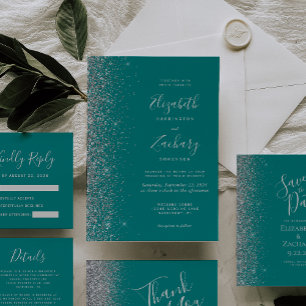 Invitación Moderno Boda perimetral de Purpurina de plata azul