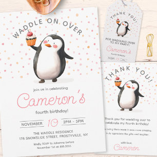 Tarjeta De Agradecimiento Chica de celebración del pingüino de quequitos ros