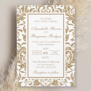 Invitación Elegante Boda Purpurina de Burgos Blancos y Oro