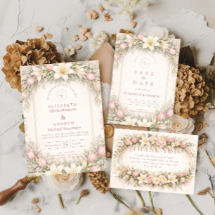 Invitación Boda de jardín de tulipanes y lirios sonrosados