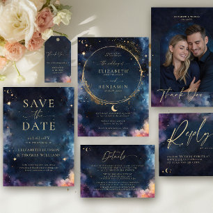 Invitación Regalo celeste Boda de oro elegante azul medianoch