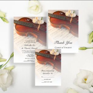 Tarjeta De Agradecimiento Boda de violín clásico y rosas blancas gracias
