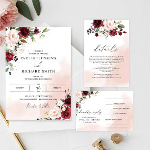 Invitación Corazón floral moderno burdeos y flor rosa rubor