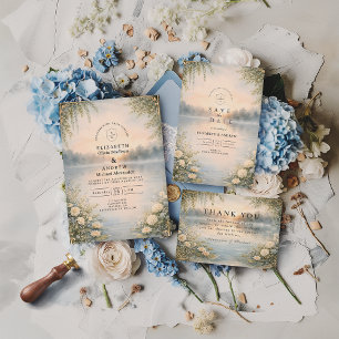 Tarjeta De Agradecimiento Boda Romántica en el Lago Bosque de Flores Silvest