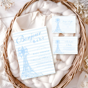 Tarjeta De Recepción Blue Bow Bonjour Bebe Baby Showe Diapper Raffle