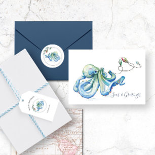 Tarjeta Festiva Navidades de Blue Octopus Watercolor Beach