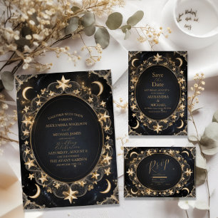 Reserva La Fecha Tarot Boda celeste Sun Moon Stars Gold