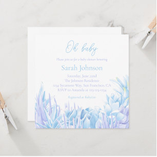 Pegatina Redonda Elegante Baby Shower botánico con guión azul