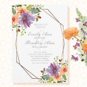 Invitación Peach Purple Watercolor Floral Elegante Boda