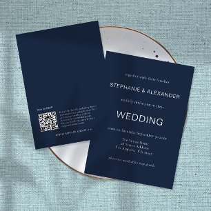 Invitación Todo En Uno Iniciales minimalistas Código QR Boda azul de la M