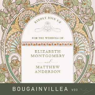 Invitación Con Relieve Metalizado Bougainvillea Oro Verde Boda Art Nouveau Mucha