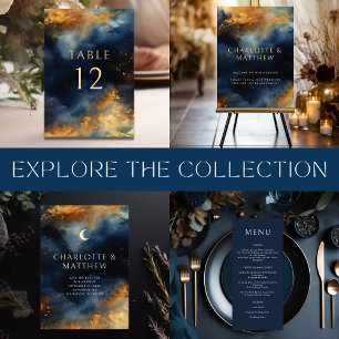 Invitación Con Relieve Metalizado Boda de la Luna Dorada Azul Abstracto Celeste