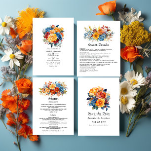 Invitación Boda floral azul, Naranja, amarillo y rojo