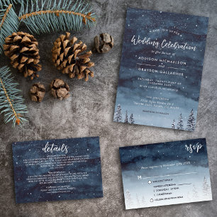 Invitación Boda formal Navy Blue Snowy Winter Wonderland