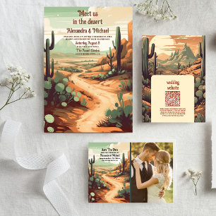 Invitación Boda de cactus de desierto retro de código QR