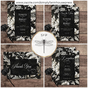 Invitación Damasco floral negro y blanco oscuro vintage gótic