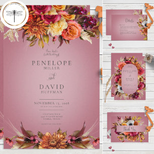 Invitación Todo En Uno Vintage Boho Jewel & Pink Floral QR Code