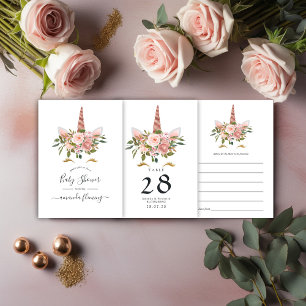 Tarjeta De Consejos Baby Shower de unicornio con flores de oro rosa y 