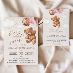 Invitación Oso de peluche, globos rosados, primer cumpleaños