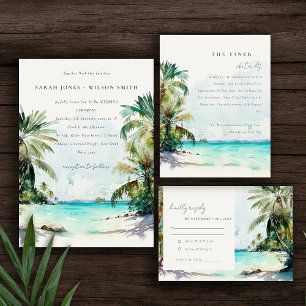Tarjeta De Confirmación De Asistencia Boda de palmeras de color de arena tropical de pla