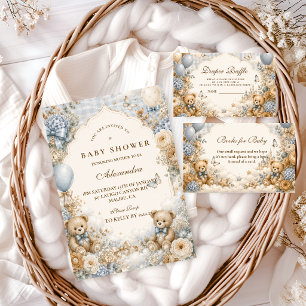 Invitación Festejo de Baby Shower del Oso Marrón y Azul Capri
