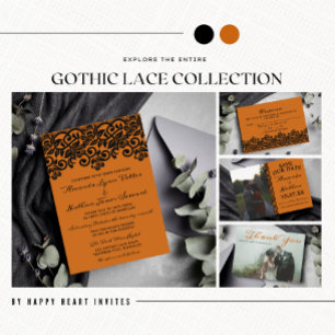 Invitación Boda negro Naranja de Halloween en Gothic Lace