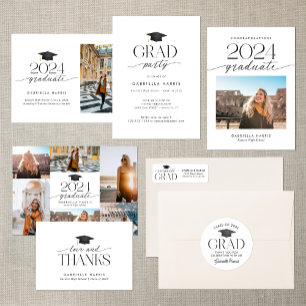 Pegatina Redonda Gorra moderna de graduación en blanco y negro