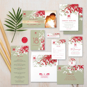 Pegatina Redonda Bamboo rojo y mosca deja a Boda chino Shuang Xi