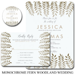 Invitación La colección de Bodas de Fern Woodland monocroma