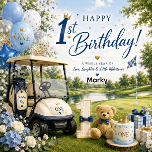 Pegatina Cuadrada Cumpleaños de Golf 1er con Carrito de Golf en Gree