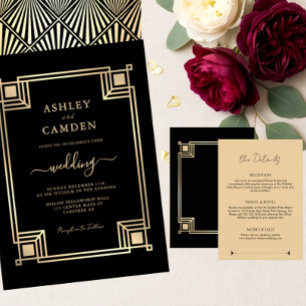 Invitación Art Deco Elegante Marco Dorado Boda Negra