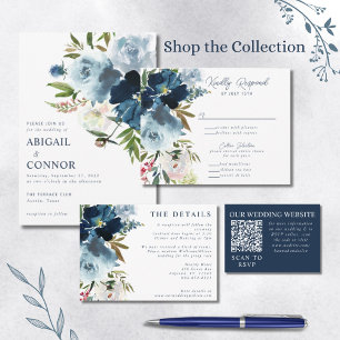 Invitación Todo En Uno Marina y Dusty Blue Elegent acuarela floral