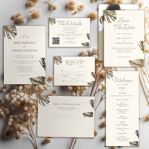Tarjeta De Recepción Elegante Boda de código QR botánico dorado Los det