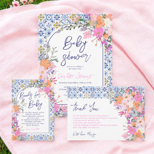 Tarjeta De Recepción Baldosas azules italianas libros de flores para la