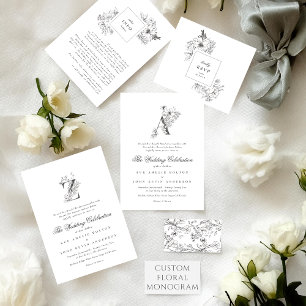 Invitación Todo En Uno Hermoso Monograma Floral Clásico Boda Elegante