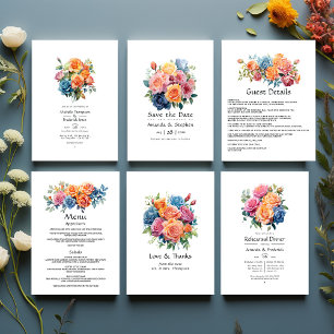 Tarjeta De Agradecimiento Boda floral azul, rosa, Naranja y verde