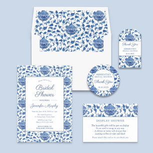 Pegatina Redonda Blue & White Floral Bridal Shower Gracias Por Favo