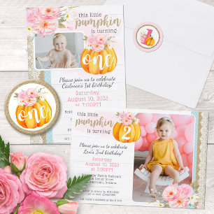 Pegatina Redonda Calabaza Floral Caída Bebé Primer cumpleaños de un