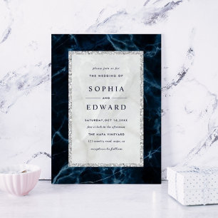 Invitación Plaza Boda de la Marina Azul de Mármol Blanco