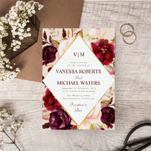 Invitación Elegante boda floral burdeos de marco dorado