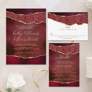 Invitación Con Relieve Metalizado Elegante burdeos y Boda de la Agate de Oro Real