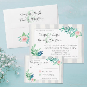 Invitación Boda de paro floral de color acuático y franjas mo