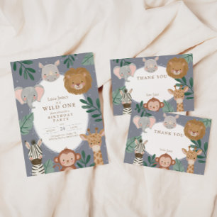 Tarjeta De Agradecimiento Cumpleaños Niño Salvaje Safari Jungle Azul