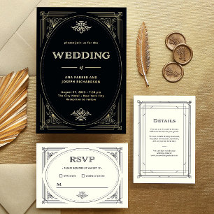 Invitación Con Relieve Metalizado Deco moderno   Elegante Boda Negra y Oro